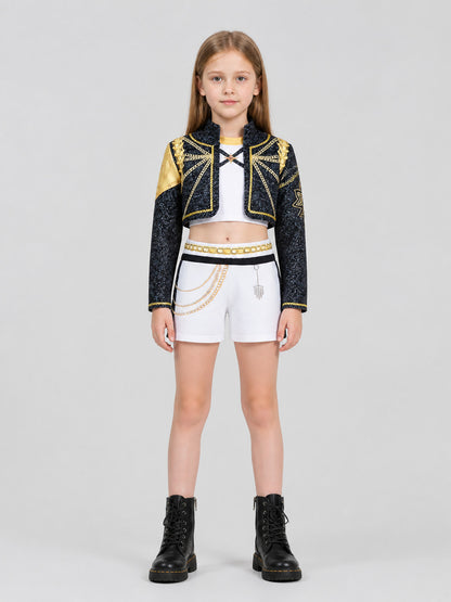Children's set: jacket, top, shorts, black and gold on-model view