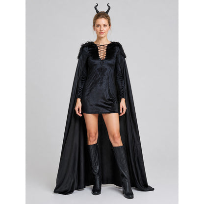 Witch Costume with Cape and Horns, M-XL for Halloween on-model view
