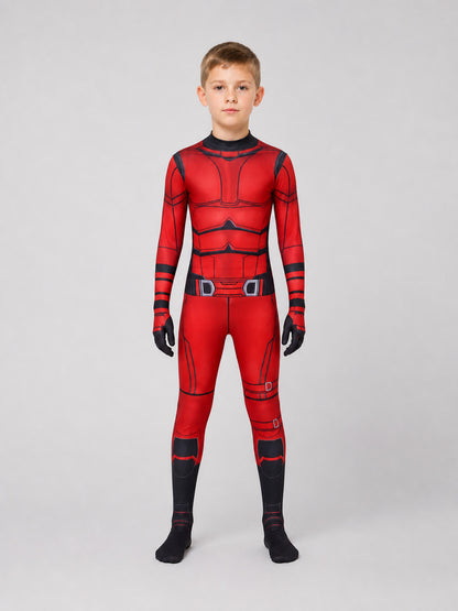 Daredevil Cosplay Costume: Red Jumpsuit with Mask on-model view