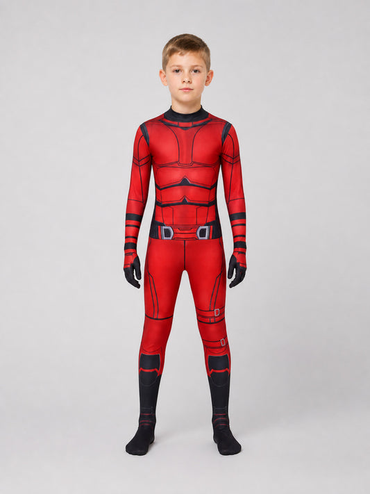 Daredevil Cosplay Costume: Red Jumpsuit with Mask on-model view