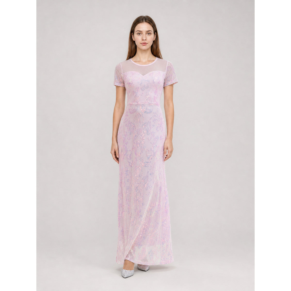 Floor-Length Evening Dress with Sequin Floral Pattern
