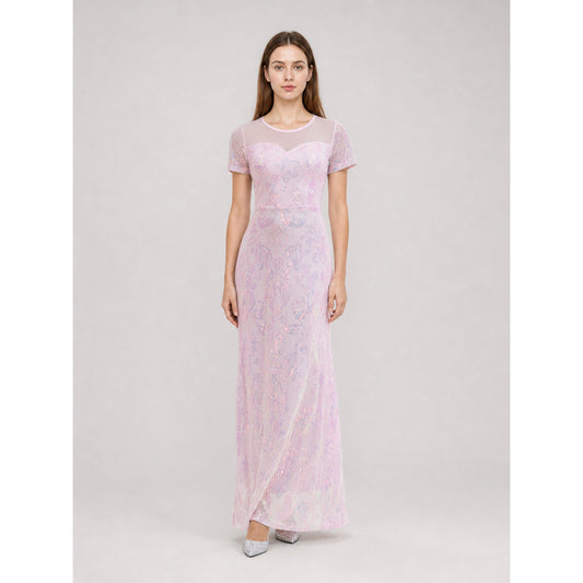 Floor-Length Evening Dress with Sequin Floral Pattern