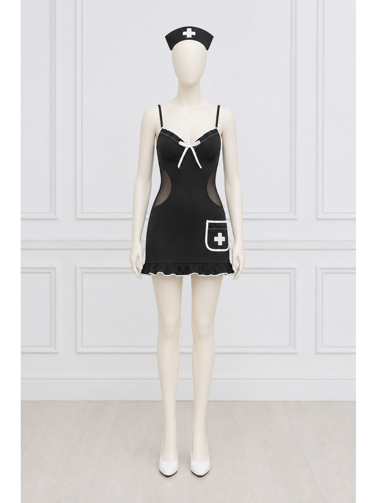 Black Medical Uniform with White Trim and Ruffles main product view