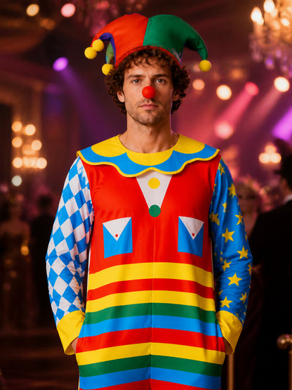 Unisex Halloween Joker Costume Jumpsuit with Hat, Multicolor Striped Clown on-model view