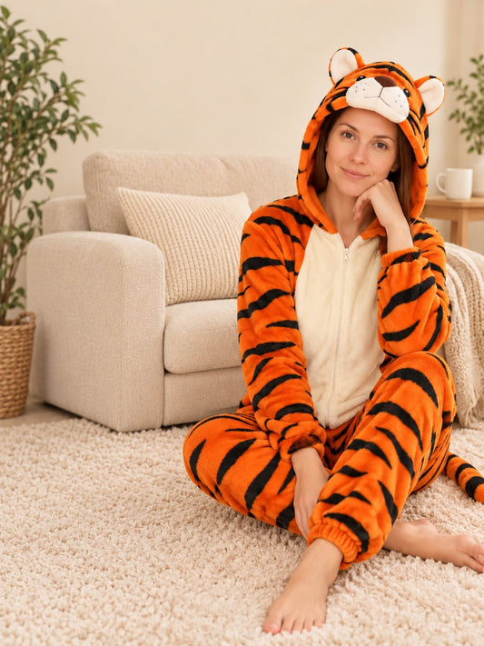 Adult orange tiger stripe flannel onesie pajama with hood, ears and tail