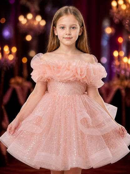 Toddler Girls' Sequined Princess Dress with Layered Tulle Skirt and Bow on-model view