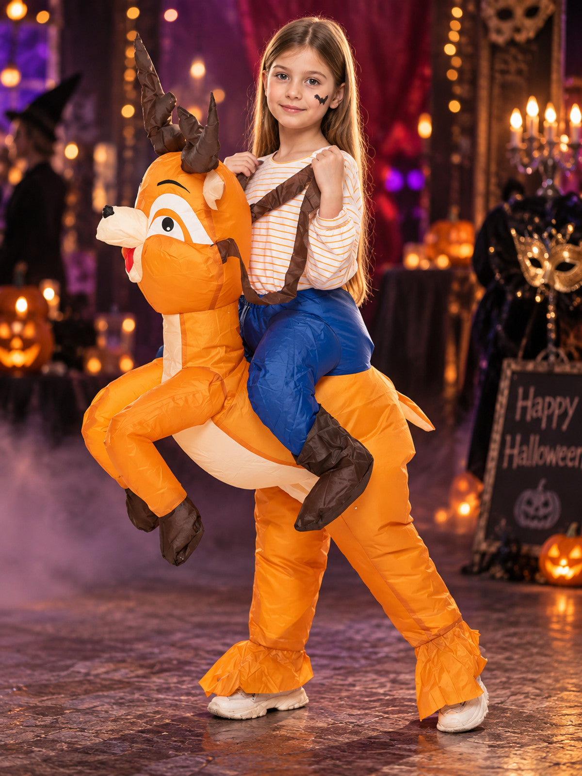 Inflatable deer costume orange with antlers and white belly