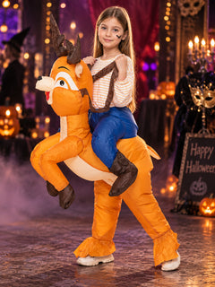 Kids' Inflatable Riding Deer Costume – Orange Ride-On Reindeer with Antlers and Faux Rider Legs