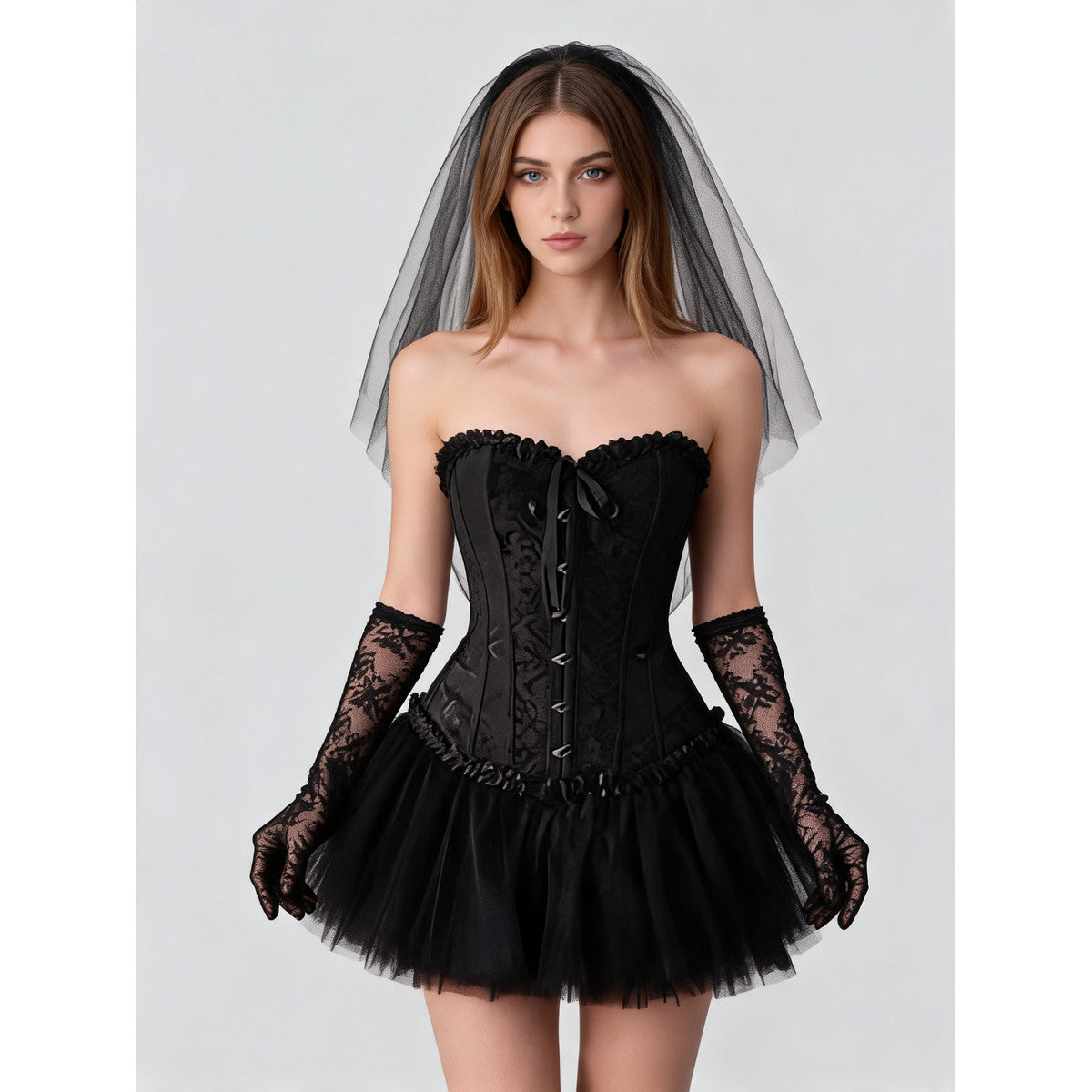 Black corset and tulle skirt masquerade costume on-model view