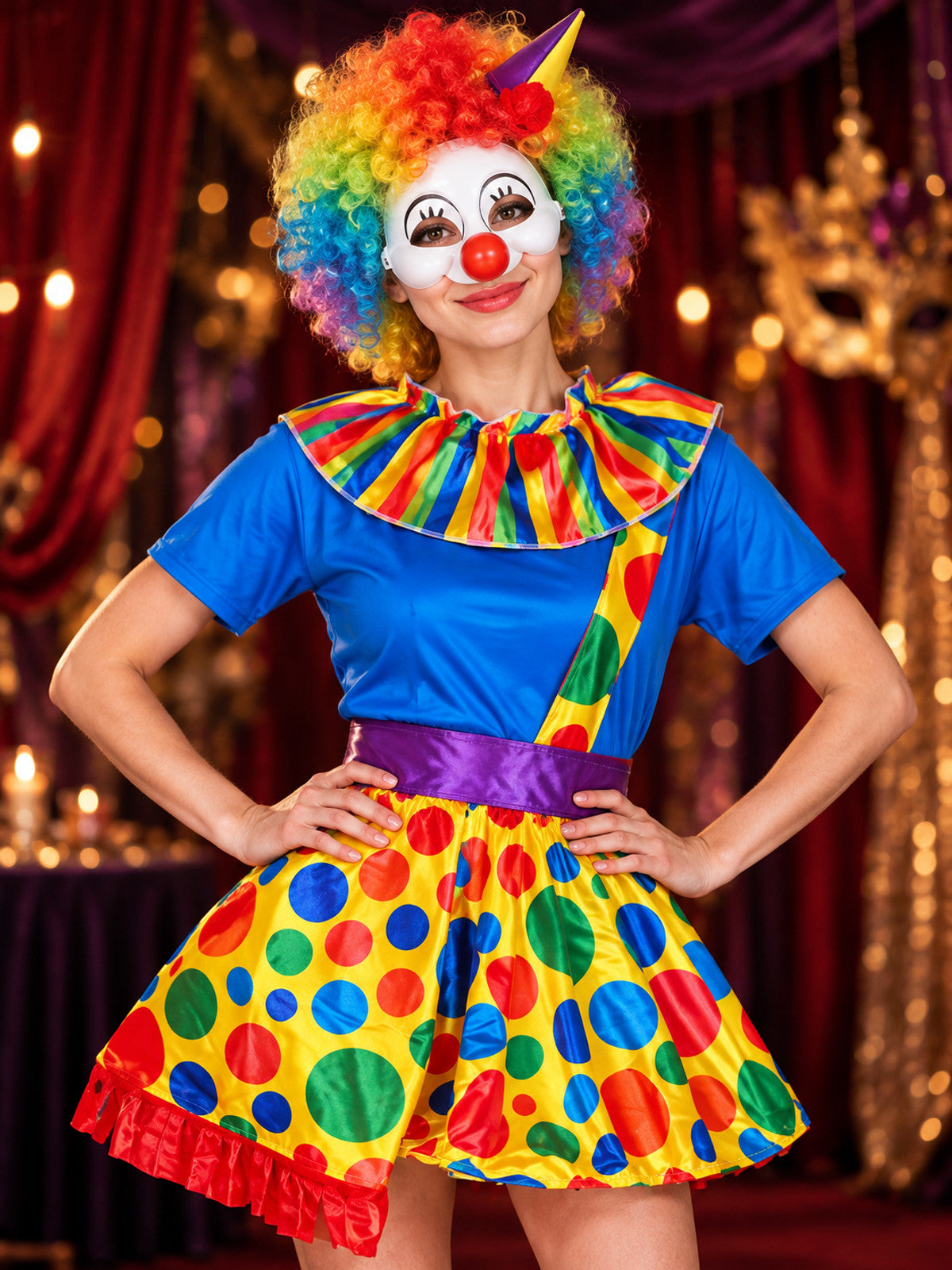 Clown Costume 7 Pieces Blue with Polka Dots, Jabot, and Wig