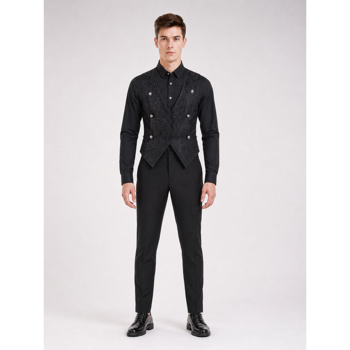 Sleeveless Tailcoat Vest with Jacquard Pattern on-model view
