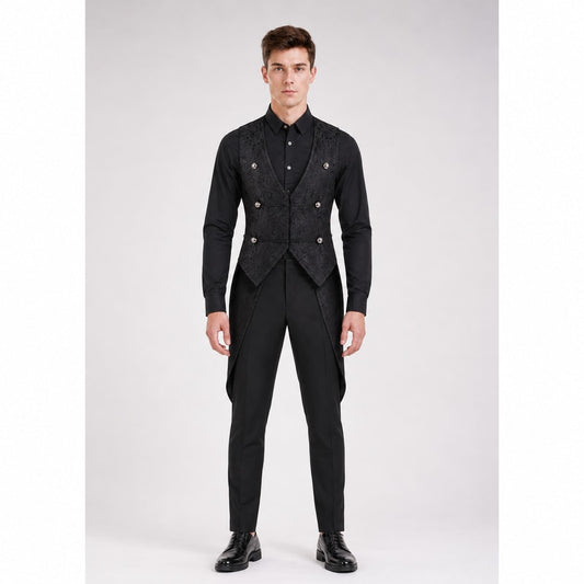 Man wearing the black jacquard sleeveless tailcoat vest with long tails over a black shirt and trousers, front view