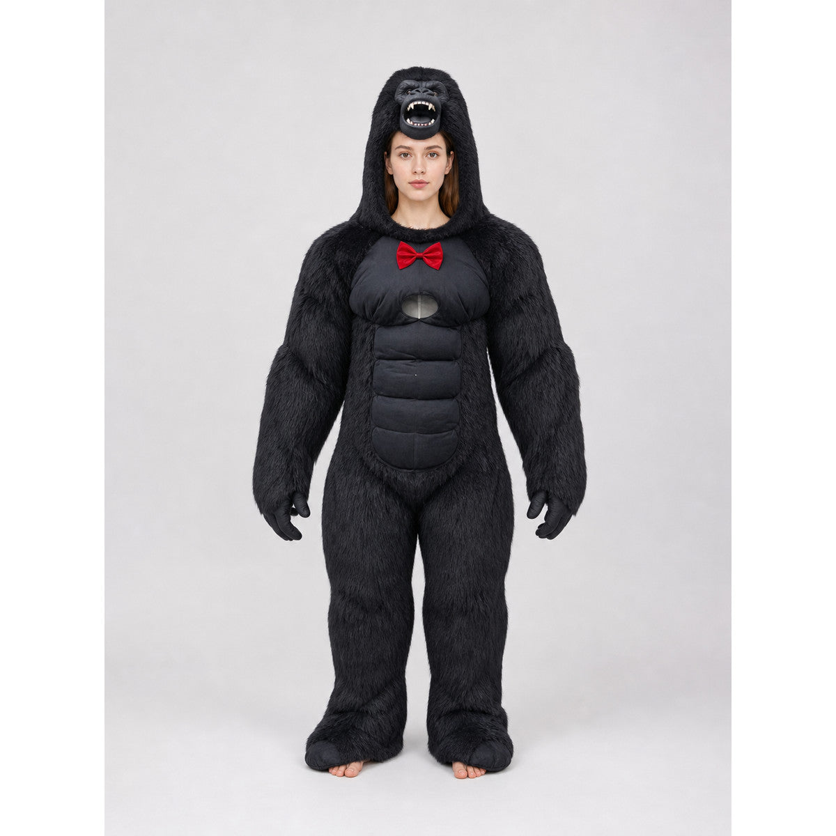 Inflatable gorilla costume with a red bow tie on-model view