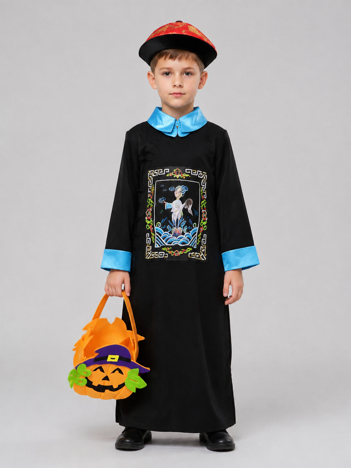 Children's Zombie Costume with Hat and Pumpkin Bag on-model view