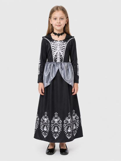 Black Halloween Dress with Hood and Skeleton Design