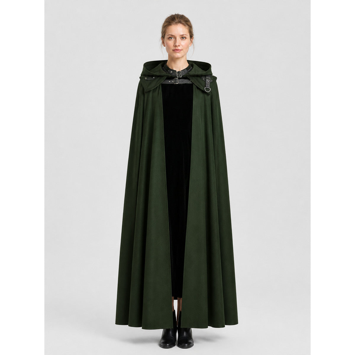Vampire Halloween Cosplay Cloak, Black, with Hood on-model view