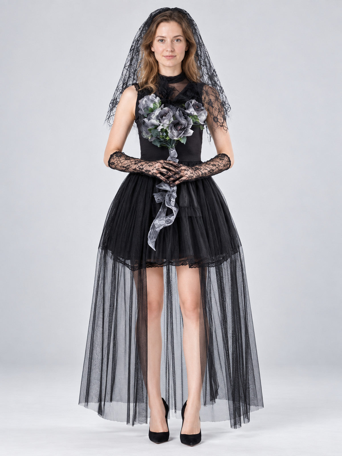 Black Bride Costume: Dress, Veil, Lace Gloves