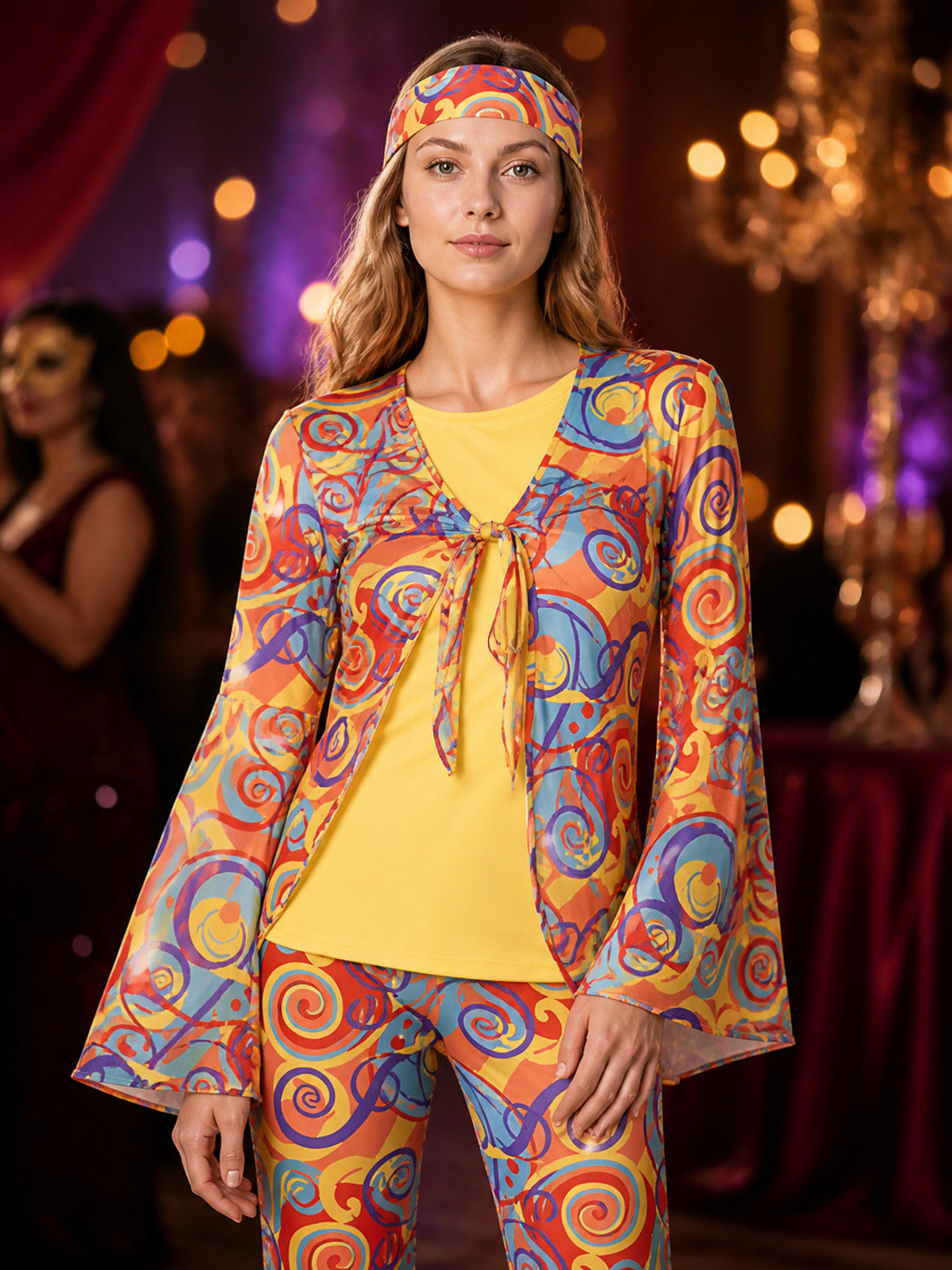 70s Hippie Disco Jumpsuit with Colorful Print for Parties on-model view
