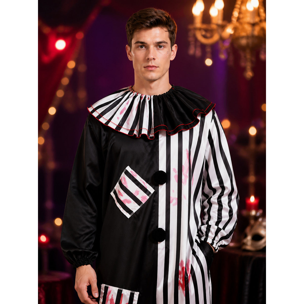 Horror Clown Jumpsuit Costume, Ruffled Collar, Striped Splatter Print on-model view