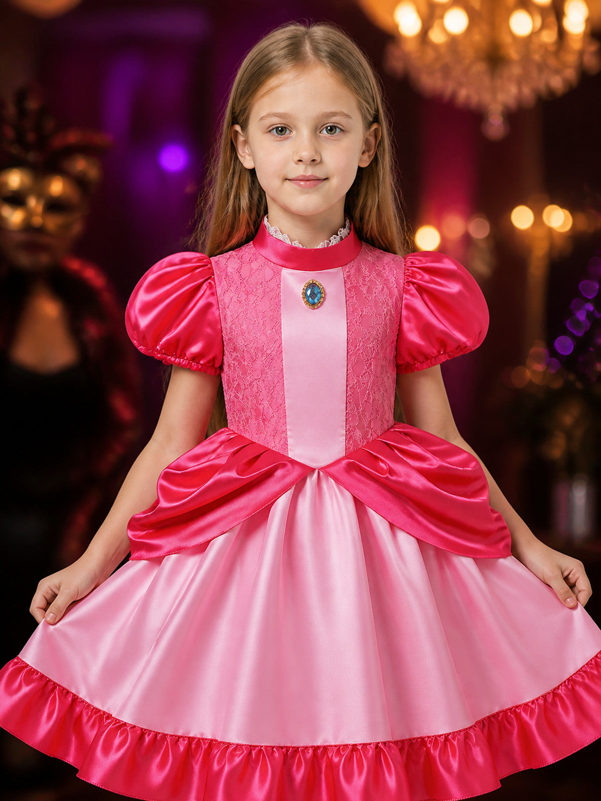 Kids Pink Princess Halloween Costume Dress, Lace Ball Gown with Ruffles on-model view