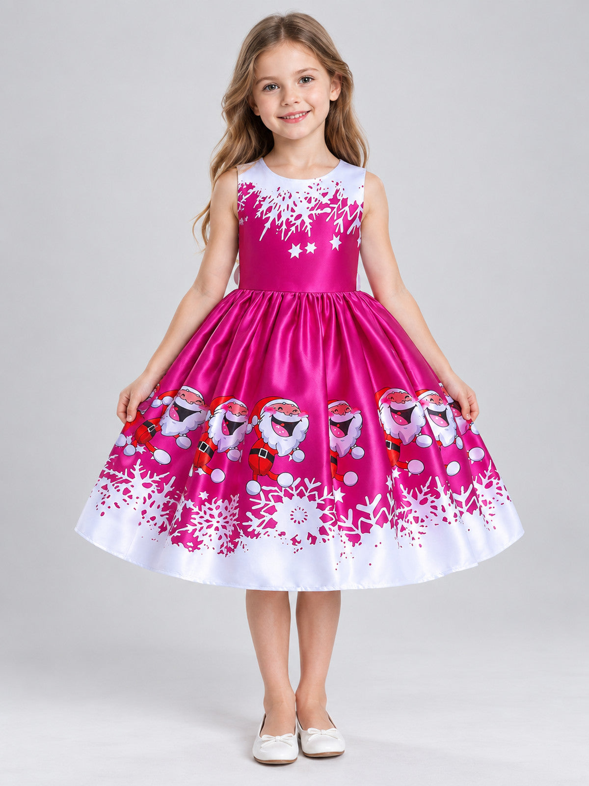Children's Dress with Christmas Print and Full Skirt on-model view