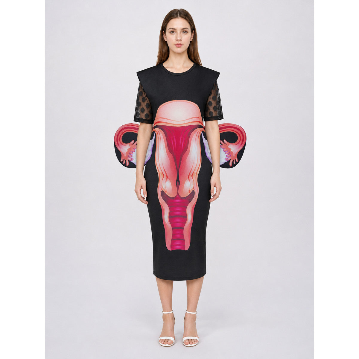 Midi Dress with Bold Print and Sleeves for a Party