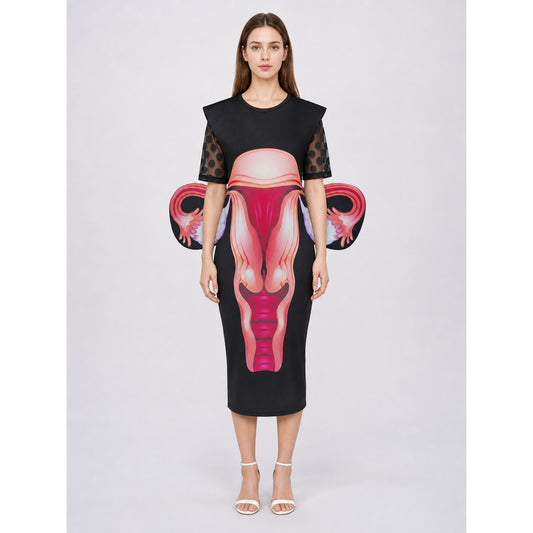 Midi Dress with Bold Print and Sleeves for a Party