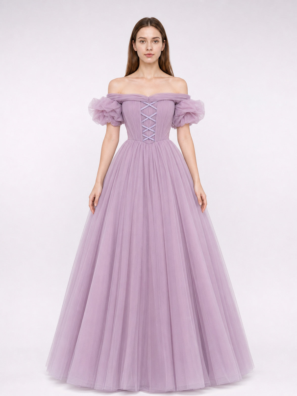 Floor-Length Princess Dress with Full Skirt and Lacing front view