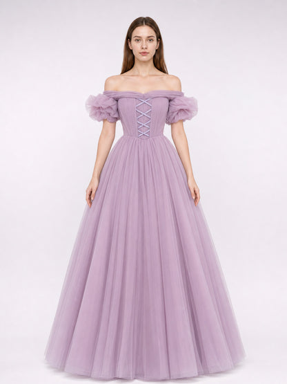Floor-Length Princess Dress with Full Skirt and Lacing front view