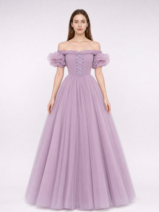 Floor-Length Princess Dress with Full Skirt and Lacing front view