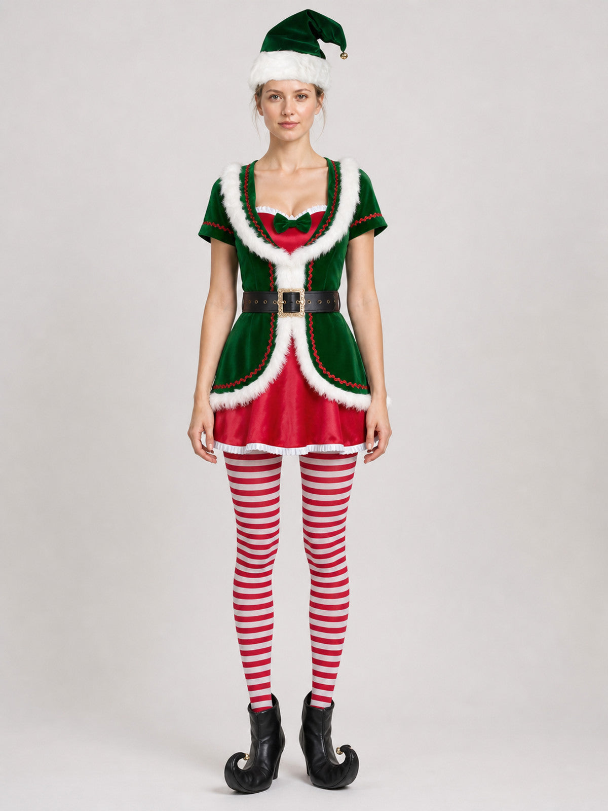 Christmas Elf Costume, Dress with White Fur Trim on-model view