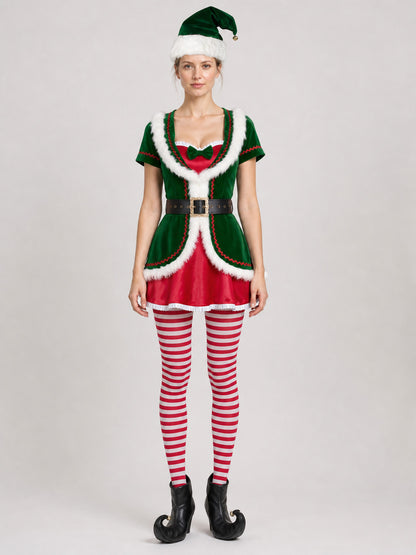 Christmas Elf Costume, Dress with White Fur Trim on-model view