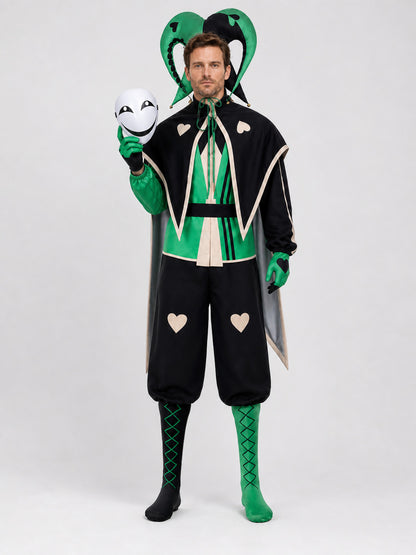 Clown Cosplay Costume, Green and Black Jumpsuit with Mask on-model view