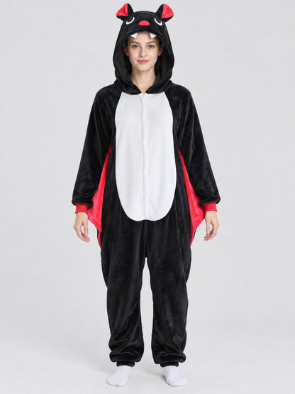 Black Hooded Pajama Jumpsuit with Appliqués