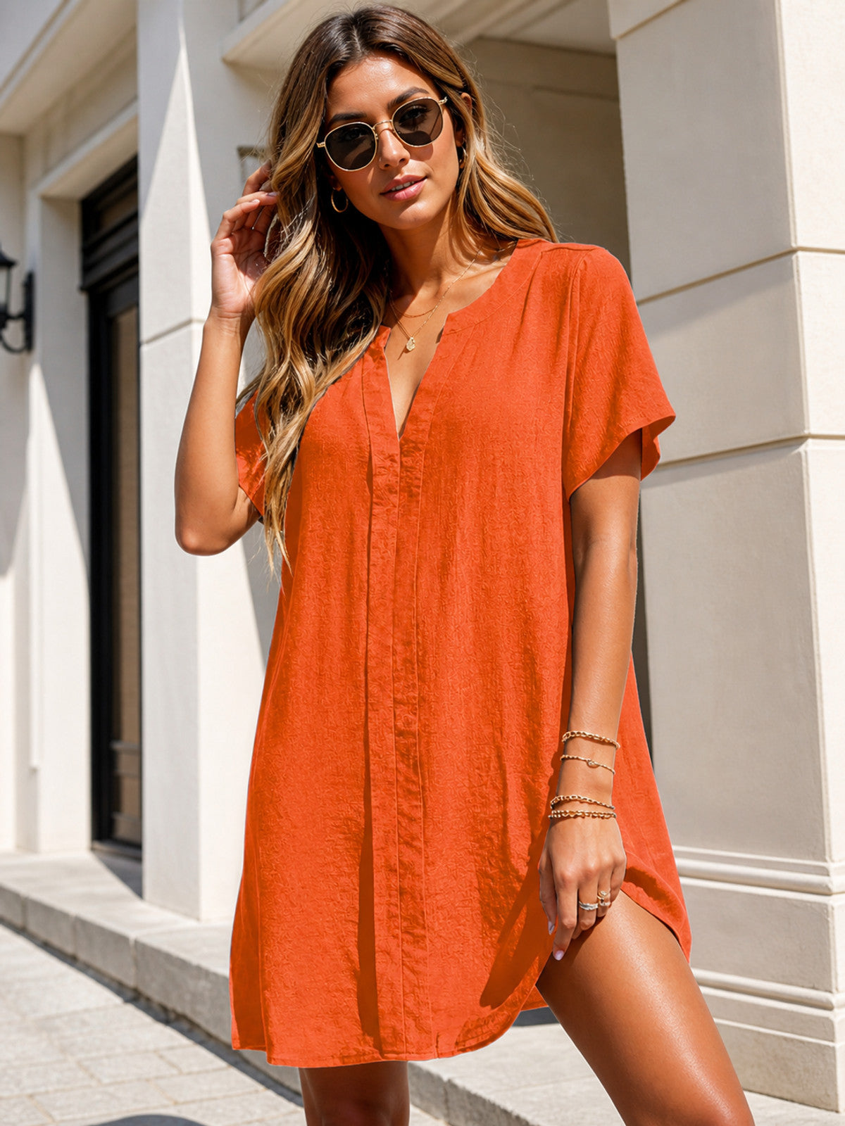 Women’s summer dress with a V-neck and short sleeves main product view