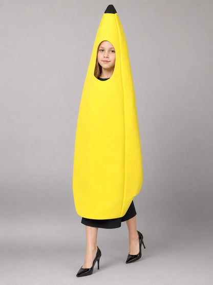 Bright banana-shaped costume for dressing up and fun events. The design front view