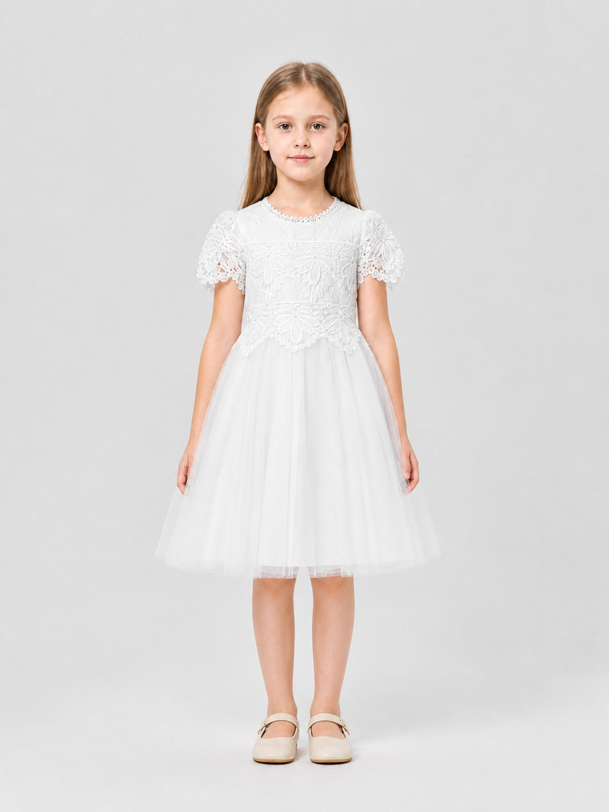 Dressy Lace and Embroidered Dress with Full Skirt on-model view