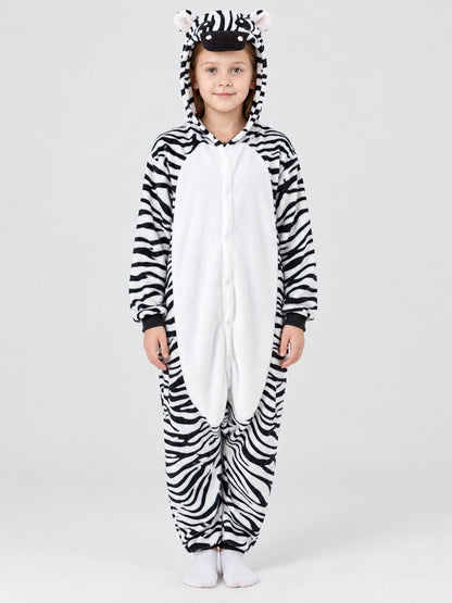 Zebra-Print Hooded Pajama Jumpsuit
