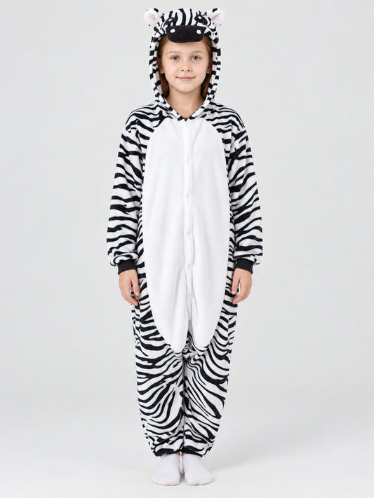 Zebra-Print Hooded Pajama Jumpsuit