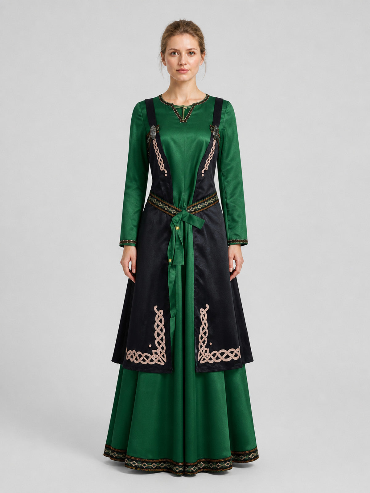 Medieval Renaissance-Style Dress with Pattern and Apron on-model view