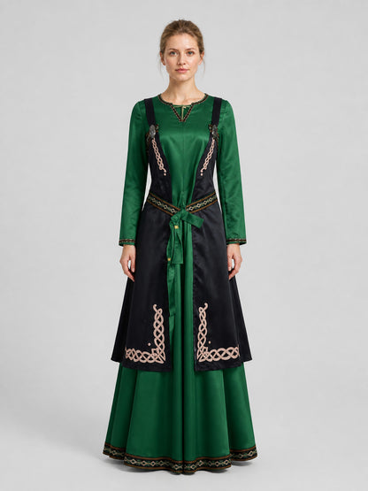 Medieval Renaissance-Style Dress with Pattern and Apron on-model view