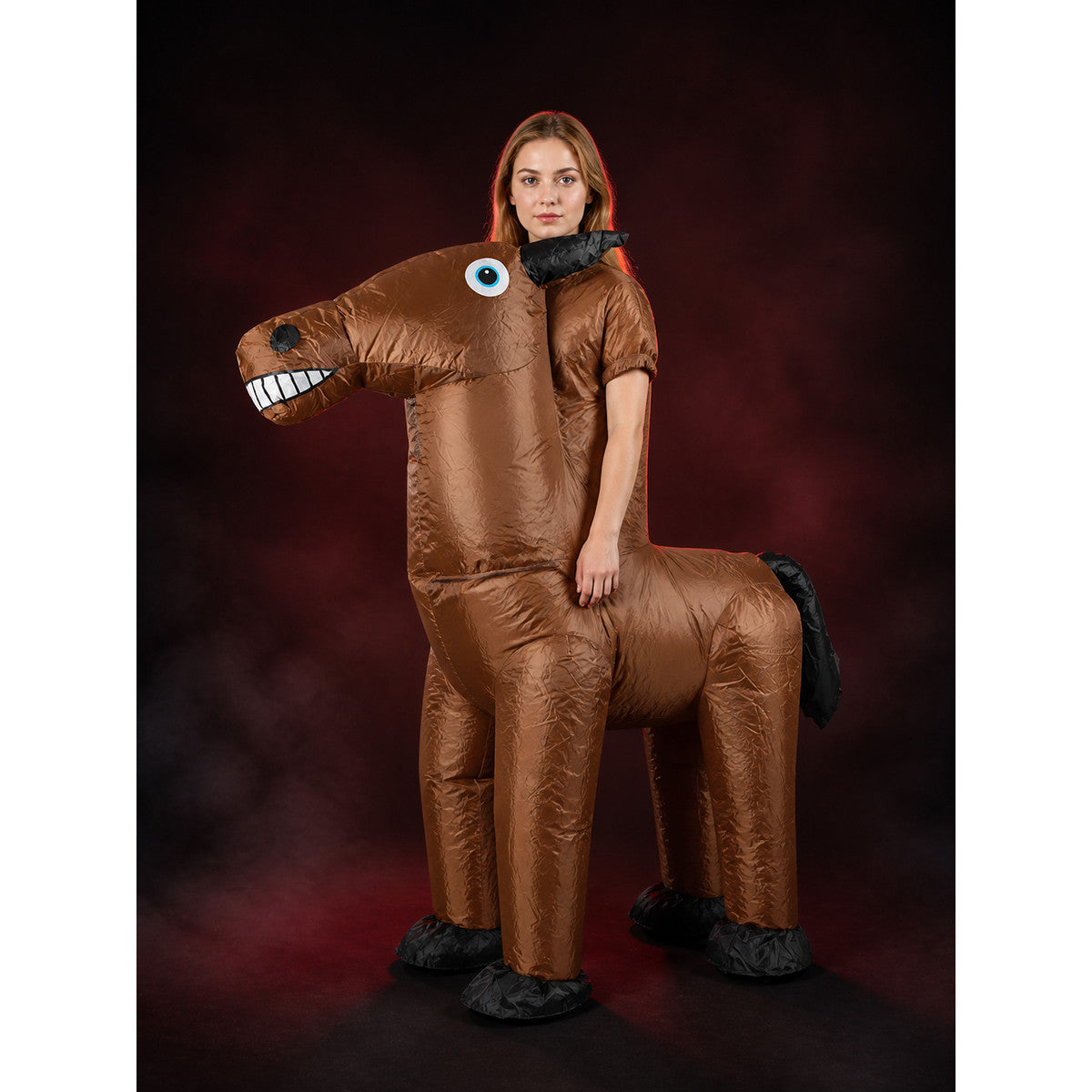 Brown Inflatable Horse Costume Bodysuit with Black Mane and Tail, Funny main product view