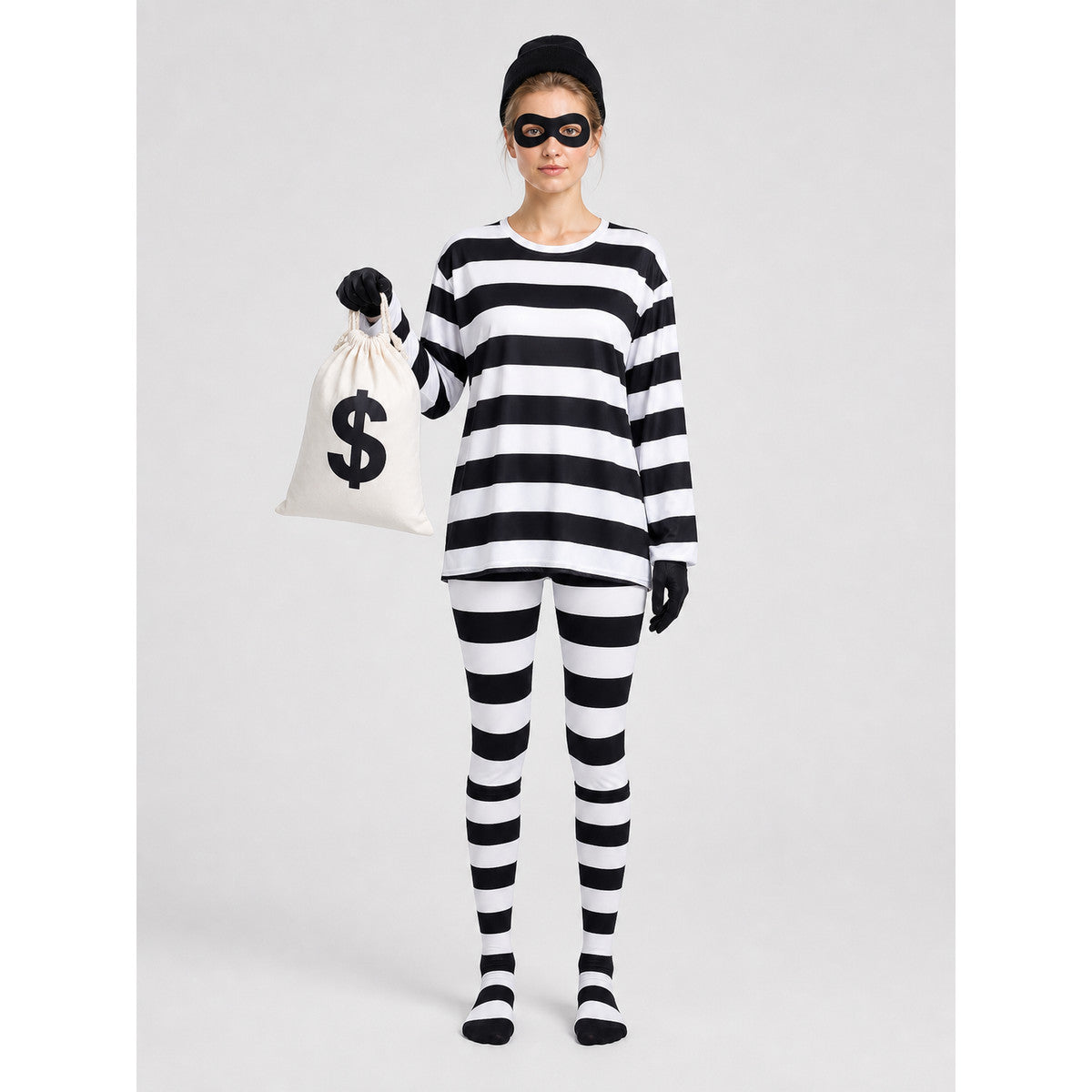 Black-and-White Striped Thief Character Costume on-model view