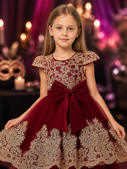 Girls' Maroon Princess Dress with Gold Lace Embroidery, Bow and High-Low Train on-model view