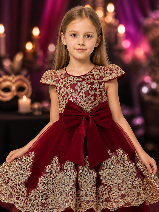 Girls' Maroon Princess Dress with Gold Lace Embroidery, Bow and High-Low Train on-model view