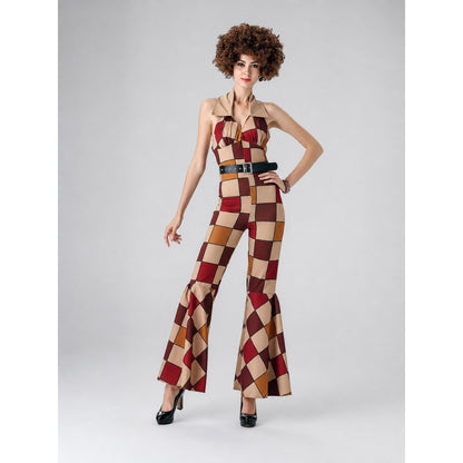 One-piece jumpsuit costume for themed looks and parties with a striking design. The model features a single silhouette that combines a top and pants. The strapless top with an open waistline is connected to high-rise pants, while the lower 