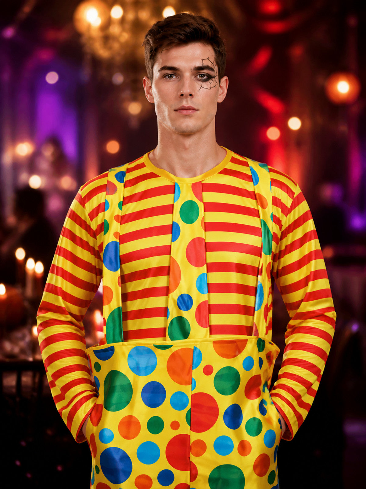 Adult Clown Costume Set for Halloween, Red Yellow Striped Top with Polka Dot on-model view
