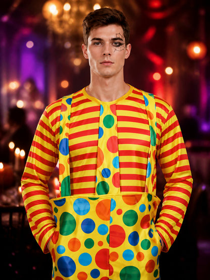 Adult Clown Costume Set for Halloween, Red Yellow Striped Top with Polka Dot on-model view