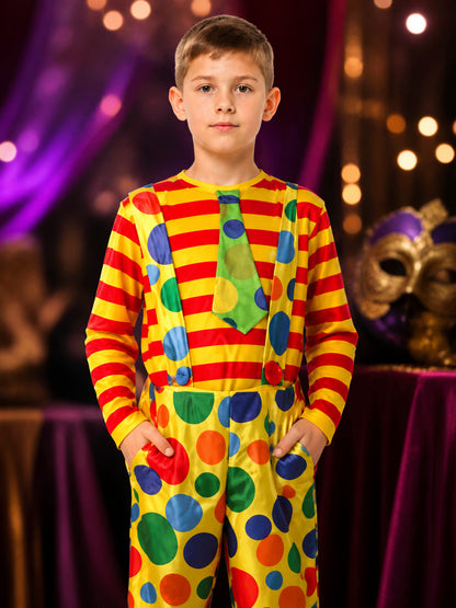 Children's Colorful Clown Costume Set, Striped Shirt, Polka Dot Suspenders and on-model view