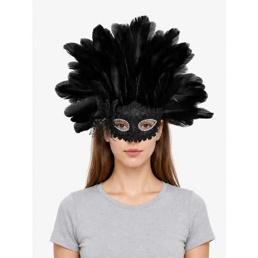 Carnival Mask with Black Feathers and Glitter